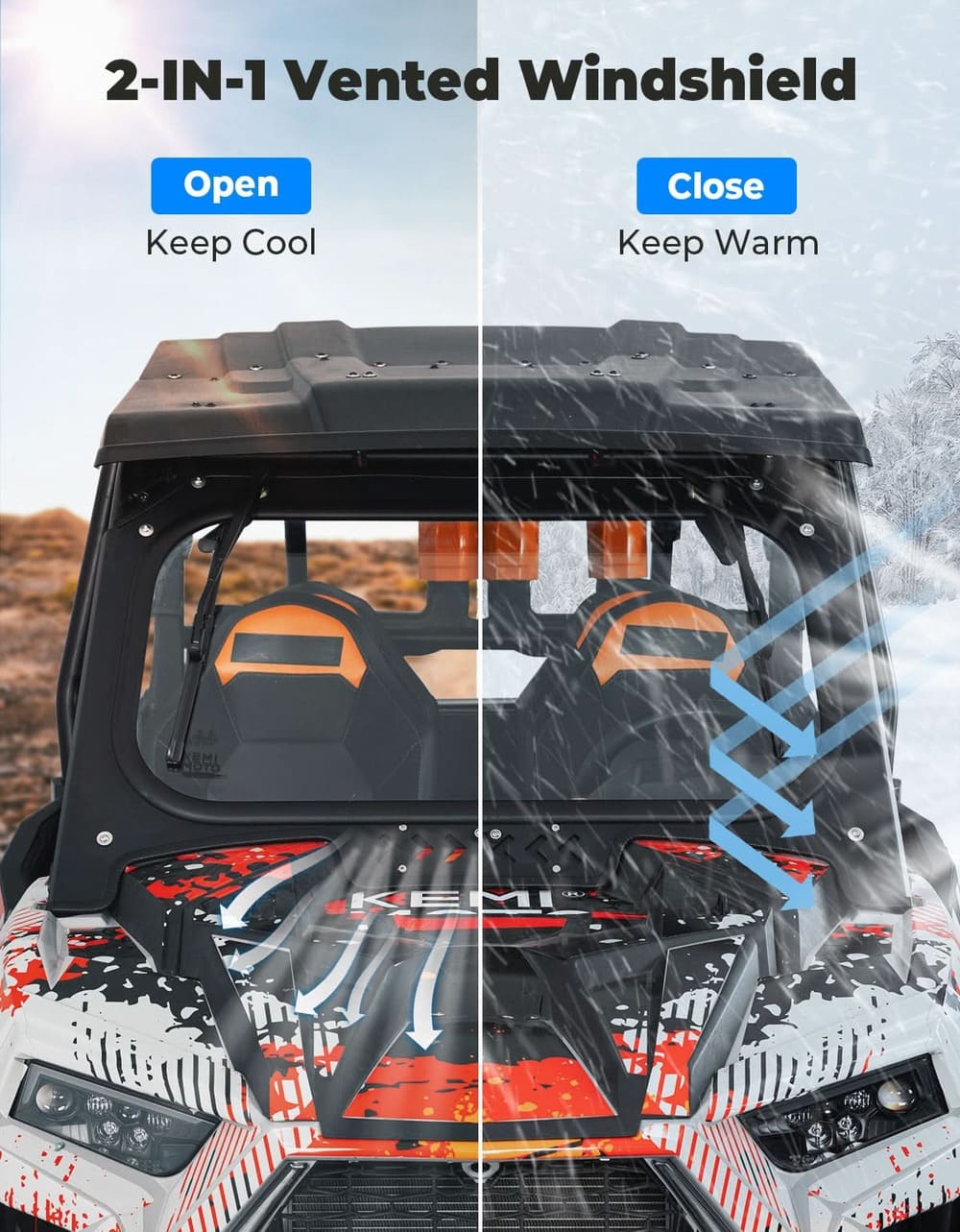 Kemimoto '19-'23 Polaris RZR XP 1000 Glass Windshield w/ 2 Manual Wipers