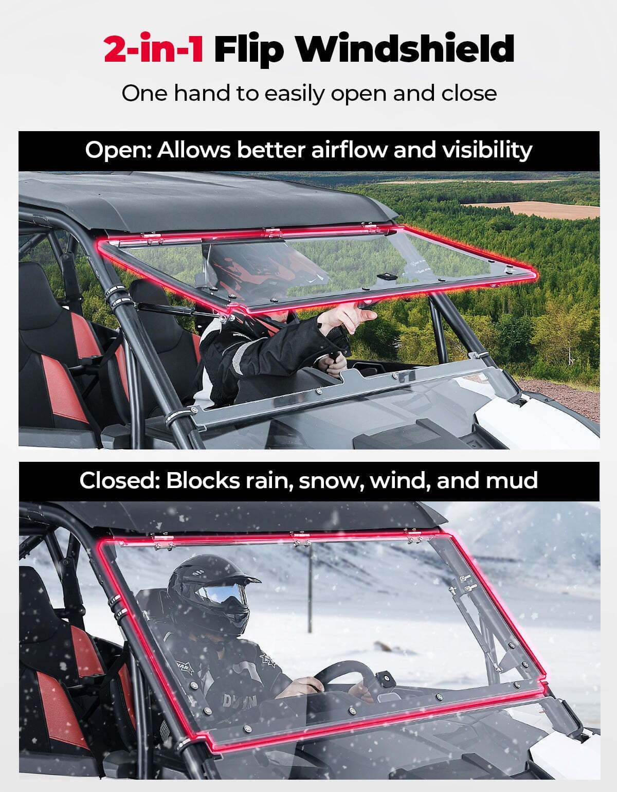 Kemimoto '24-'25 Polaris RZR XP 1000 Full Flip Split Windshield Window