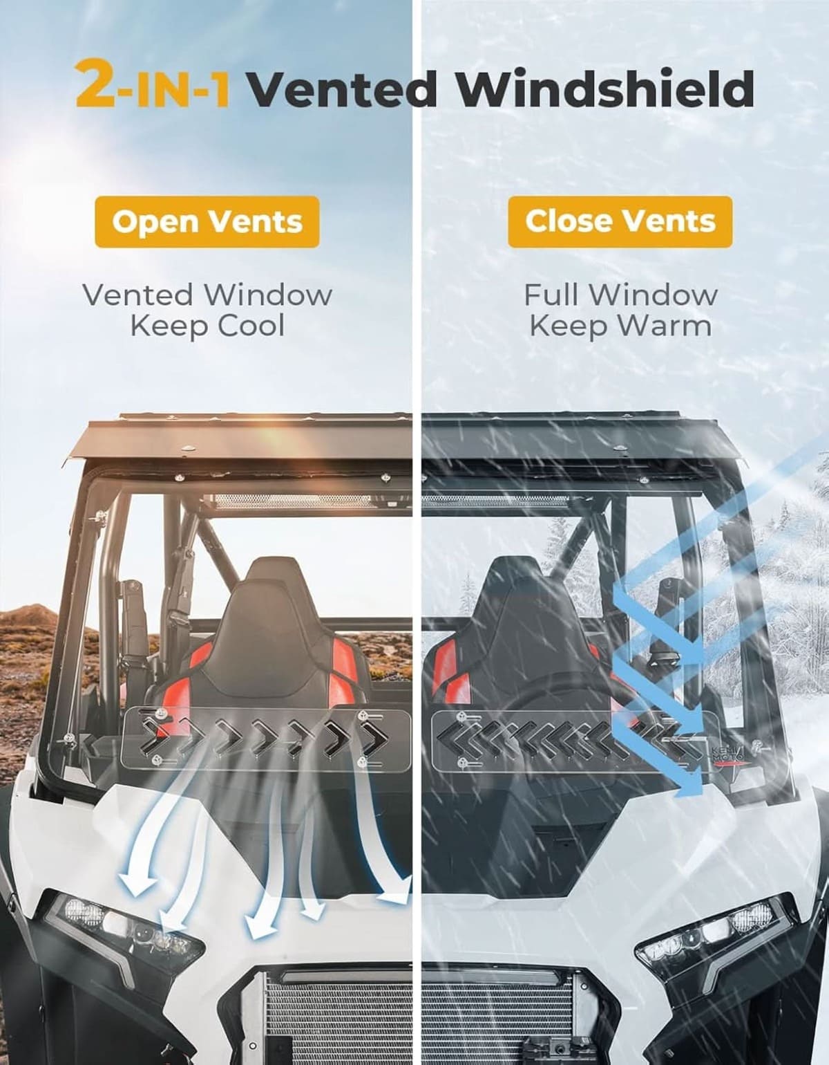 Kemimoto '24-'25 Polaris RZR XP 1000 Pre-Installed Rubber 2-in-1 Vented Windshield