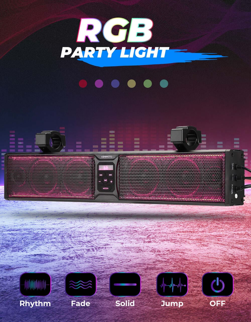 Kemimoto 6 Speaker 26" RGB Universal Sound Bar 1.75''/2.25'' Roll Bar
