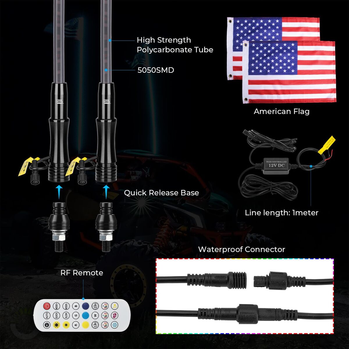 Kemimoto Can-Am Defender 3FT Black Limited LED Whip Light RF Remote Control 2pcs