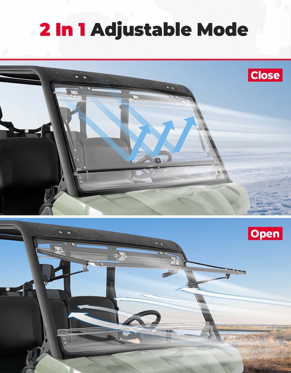 Kemimoto Can-Am Defender HD 5/8/10 1/5" Thick Polycarbonate 2-in-1 Flip Windshield