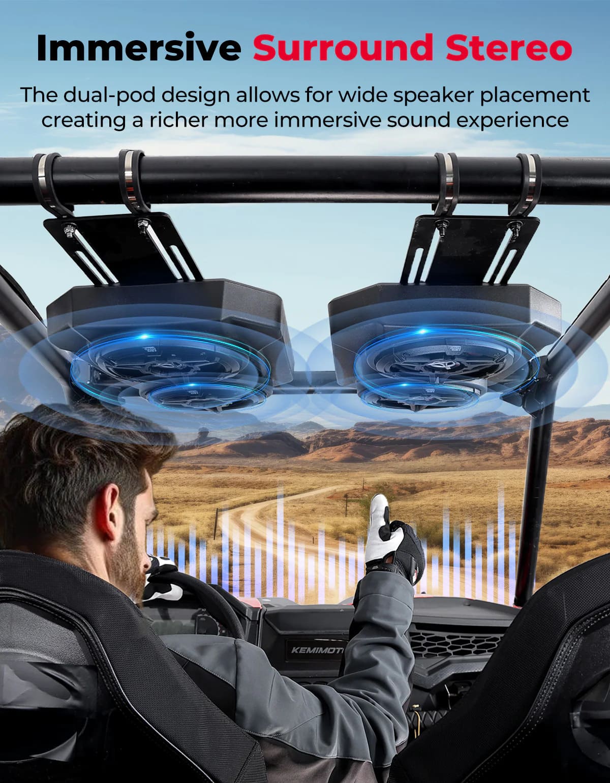 Kemimoto Can-Am Maverick X3 6.5'' UTV Bluetooth Speaker w/ 1.625''-1.9'' Roll Bar