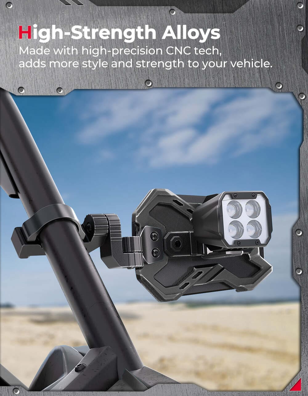 Kemimoto Can-Am Maverick X3 CNC UTV Side Mirrors w/Integrated Light Mount for 1.65"-2" Roll Bar 1 Pair