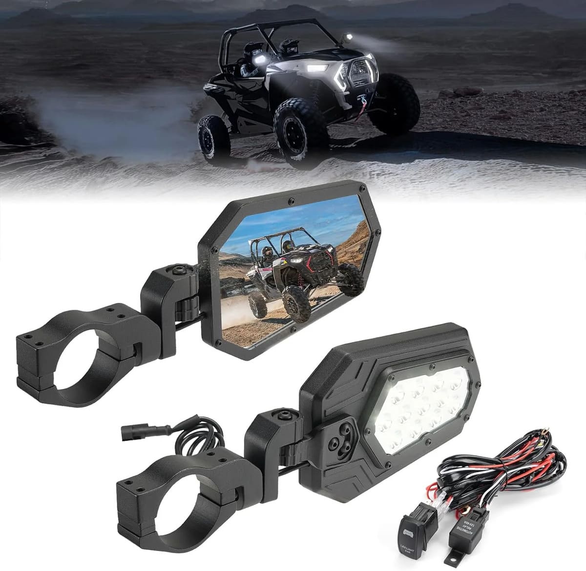 Kemimoto Can-Am Maverick X3 UTV Side Mirrors Lights w/ 1.75"-2" Roll Bar