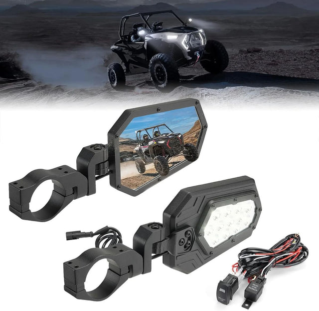 Kemimoto Can-Am Maverick X3 UTV Side Mirrors Lights w/ 1.75"-2" Roll Bar