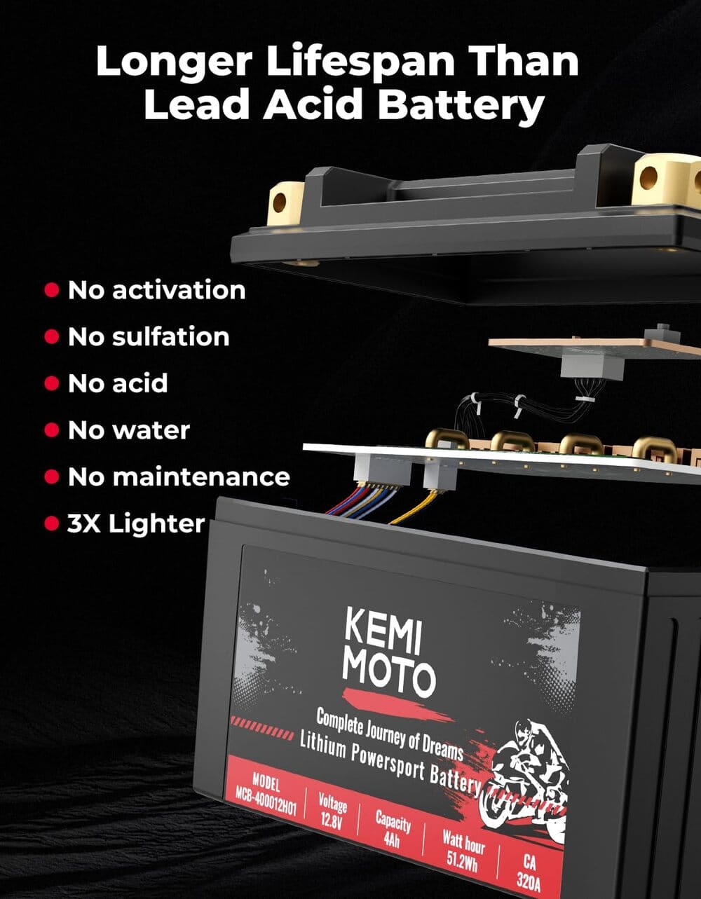 Kemimoto LiFePO4 12v 4Ah Motorcycle/ Lawn Mower Lithium Battery - ATV /UTV