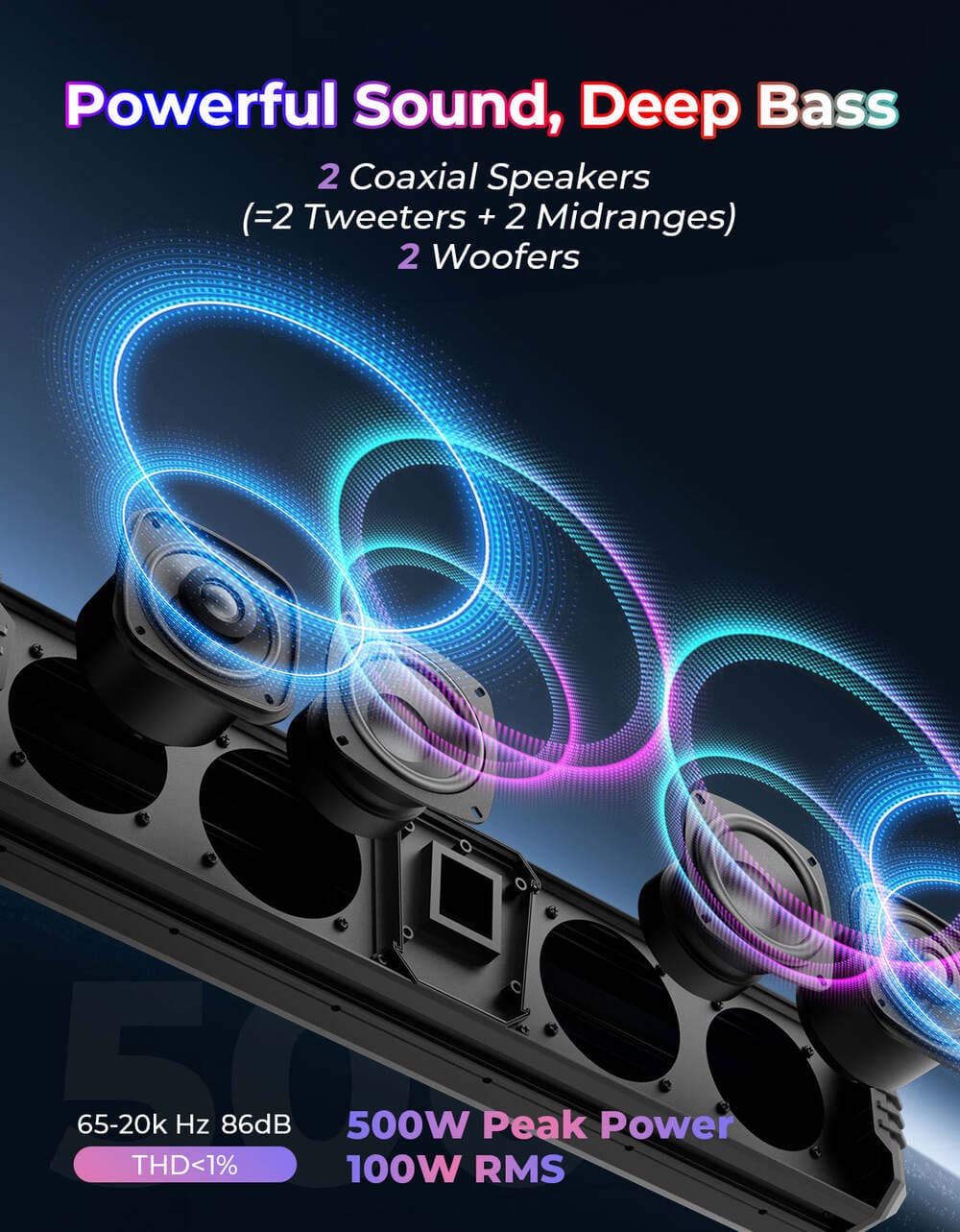 Kemimoto Midnight 60 26" 4-Speaker UTV Bluetooth Sound Bar w/RGB Lighting