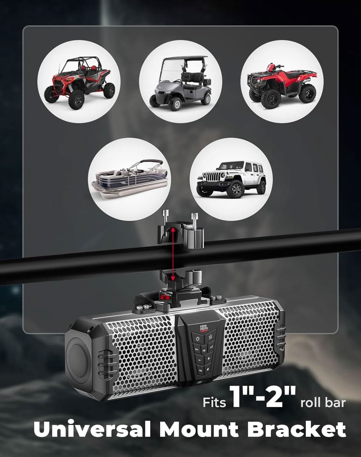 Kemimoto Midnight S40B 16" UTV Built In Battery Sound Bar w/ 1"-2" Roll Bar