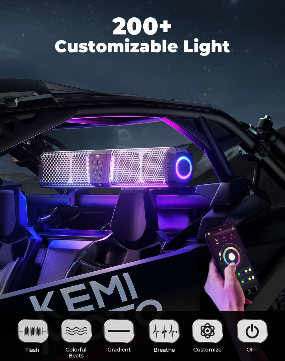 Kemimoto Midnight S60 26" RGB UTV Sound Bar & 1"-2" Golf Cart Marine Roll Bar