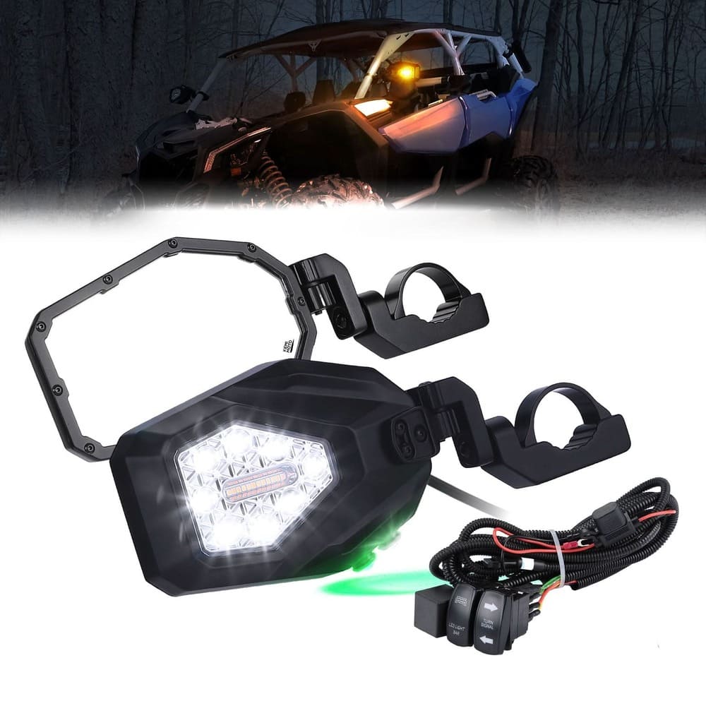 Kemimoto Polaris 1.6"-2" Roll Bar UTV LED Lighted Side Mirrors w/ Flowing Turn Signal