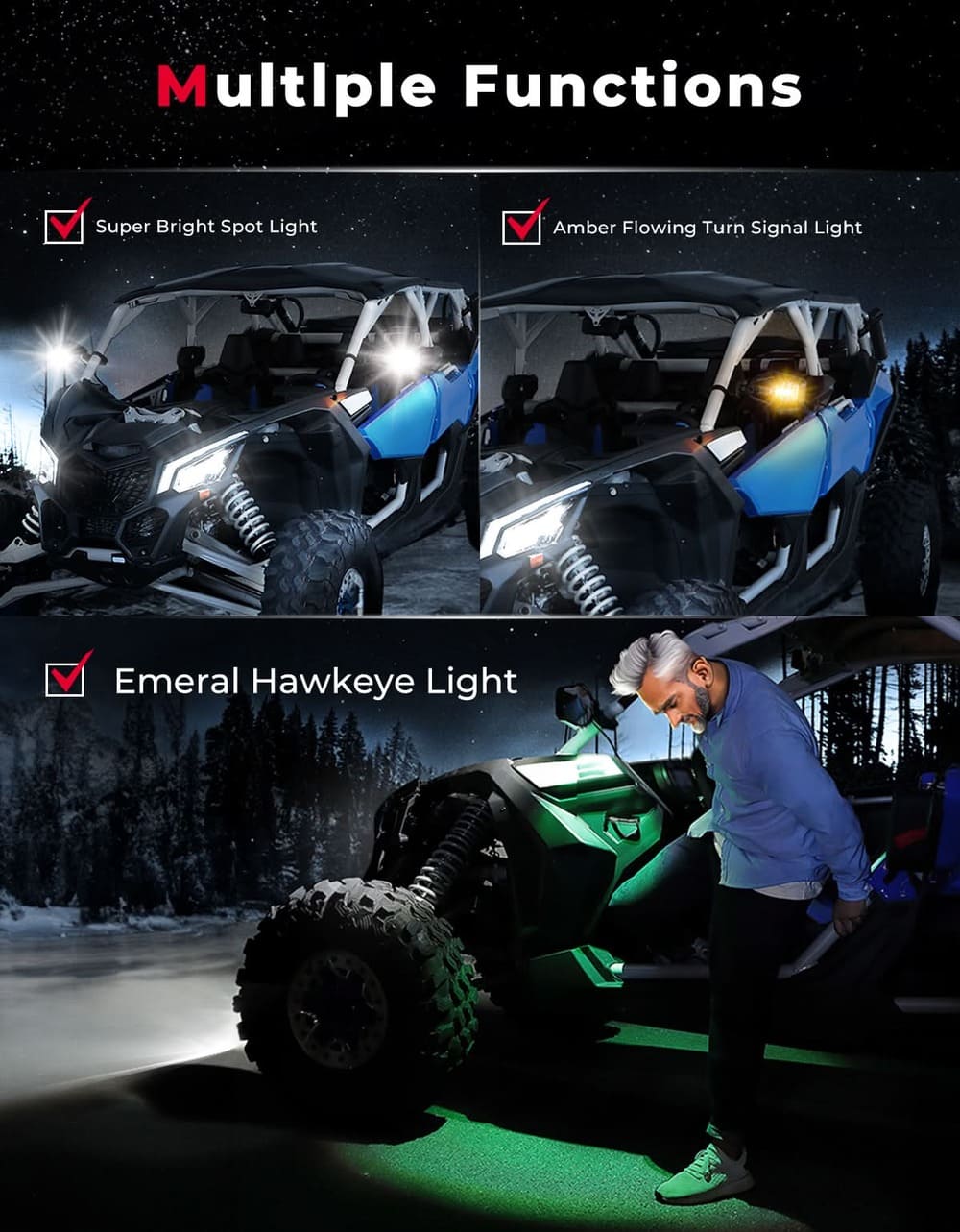 Kemimoto Polaris 1.6"-2" Roll Bar UTV LED Lighted Side Mirrors w/ Flowing Turn Signal