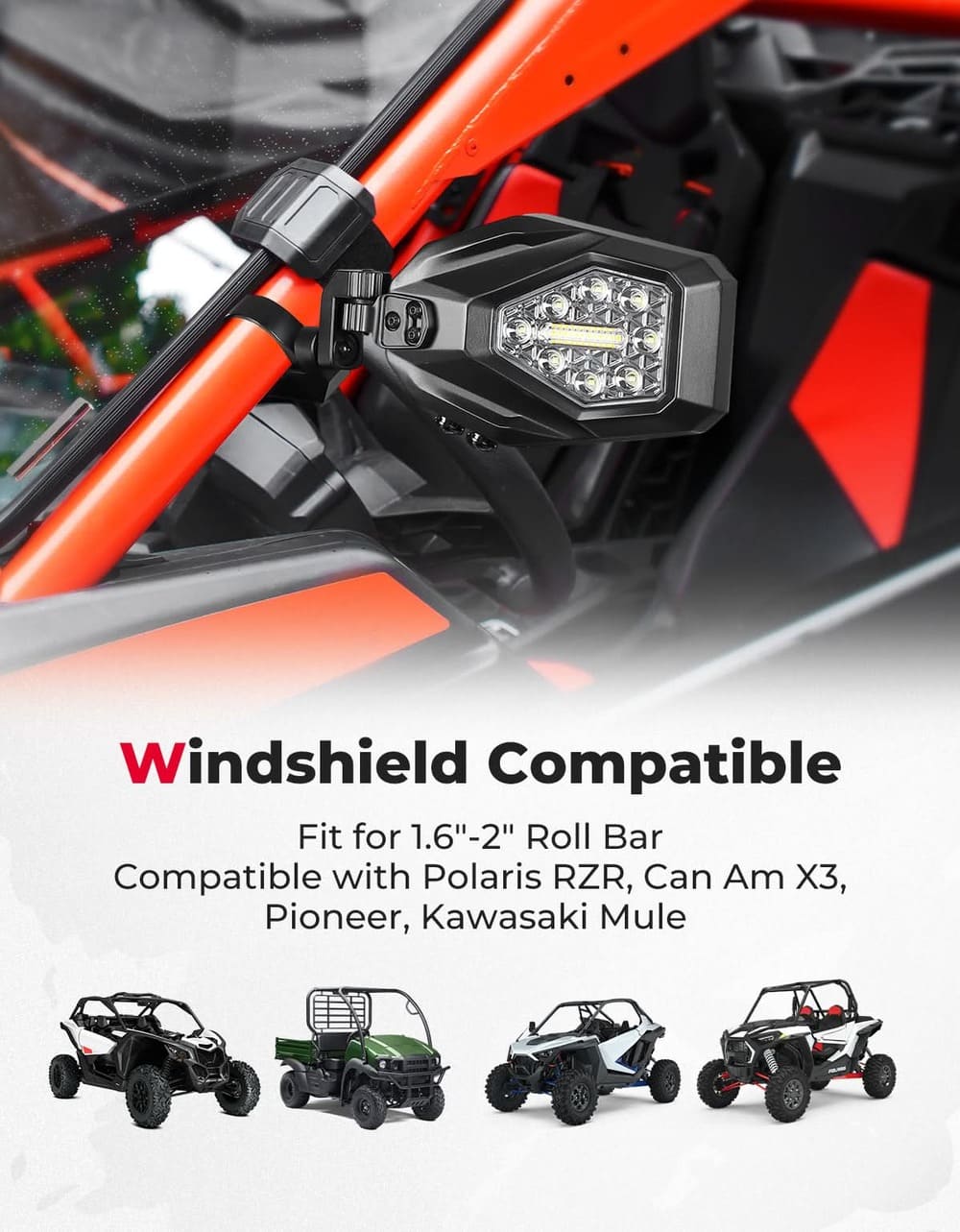 Kemimoto Polaris 1.6"-2" Roll Bar UTV LED Lighted Side Mirrors w/ Flowing Turn Signal