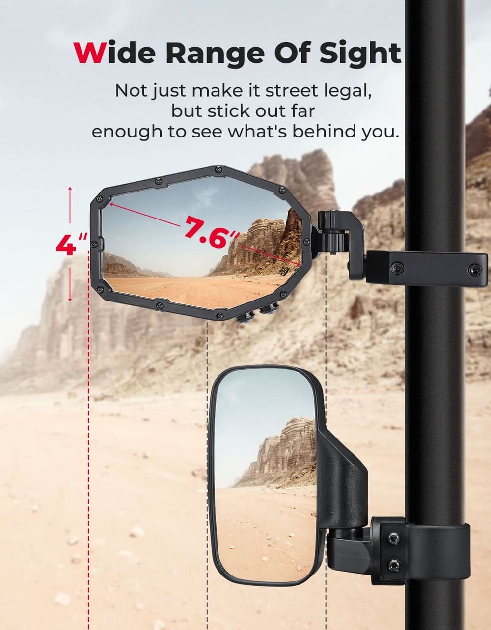 Kemimoto Polaris 1.6"-2" Roll Bar UTV LED Lighted Side Mirrors w/ Flowing Turn Signal