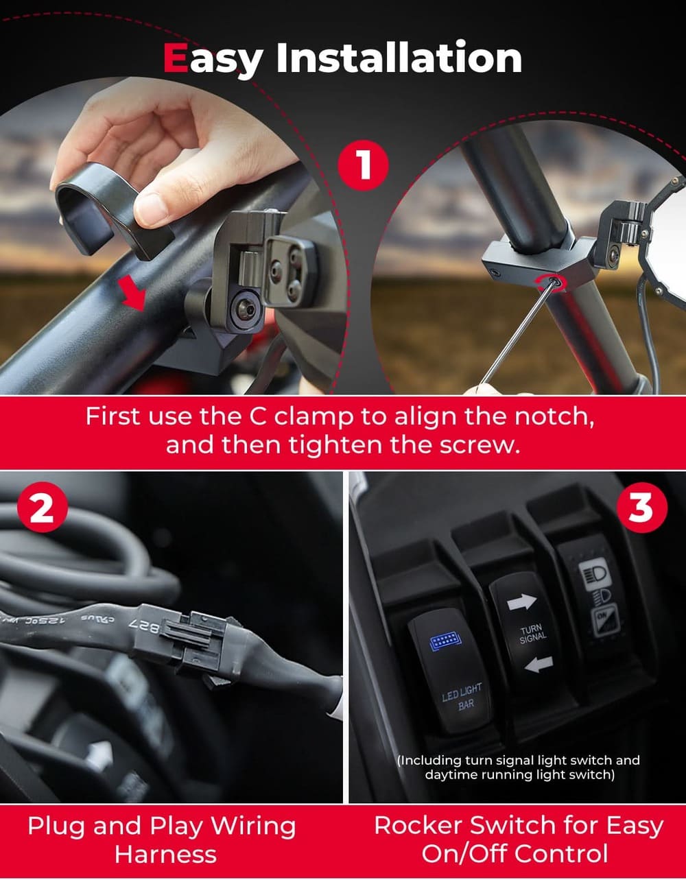 Kemimoto Polaris 1.6"-2" Roll Bar UTV LED Lighted Side Mirrors w/ Flowing Turn Signal