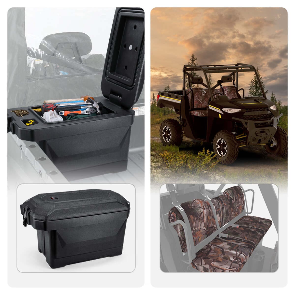 Kemimoto Polaris Ranger XP 1000 45L Storage Box & Camouflage Seat Cove