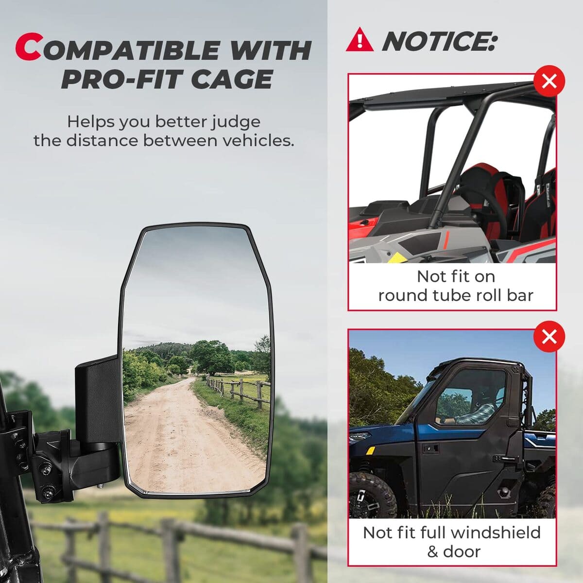 Kemimoto Polaris Ranger XP 1000 UTV Wider Pro Side Mirrors - Upgraded