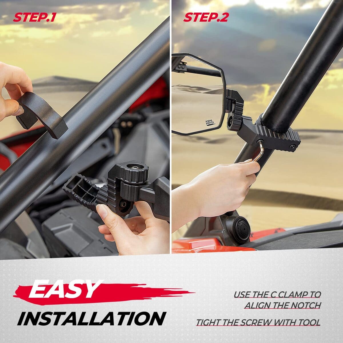 Kemimoto Polaris RZR 1.65"-2" Roll Bar UTV Side Mirrors - 1 Pair