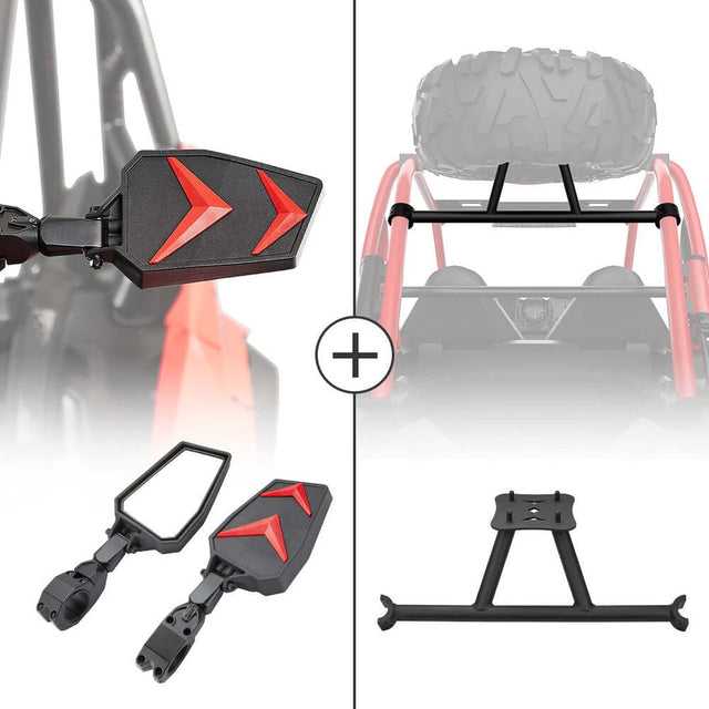 Kemimoto Polaris RZR XP Turbo Side Rear View Mirrors & Spare Tire Carrier Mount
