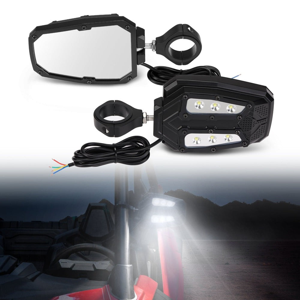 Kemimoto Universal 1.75"/2" Rear View Side Mirrors with LED Rock Light - 1 Pair