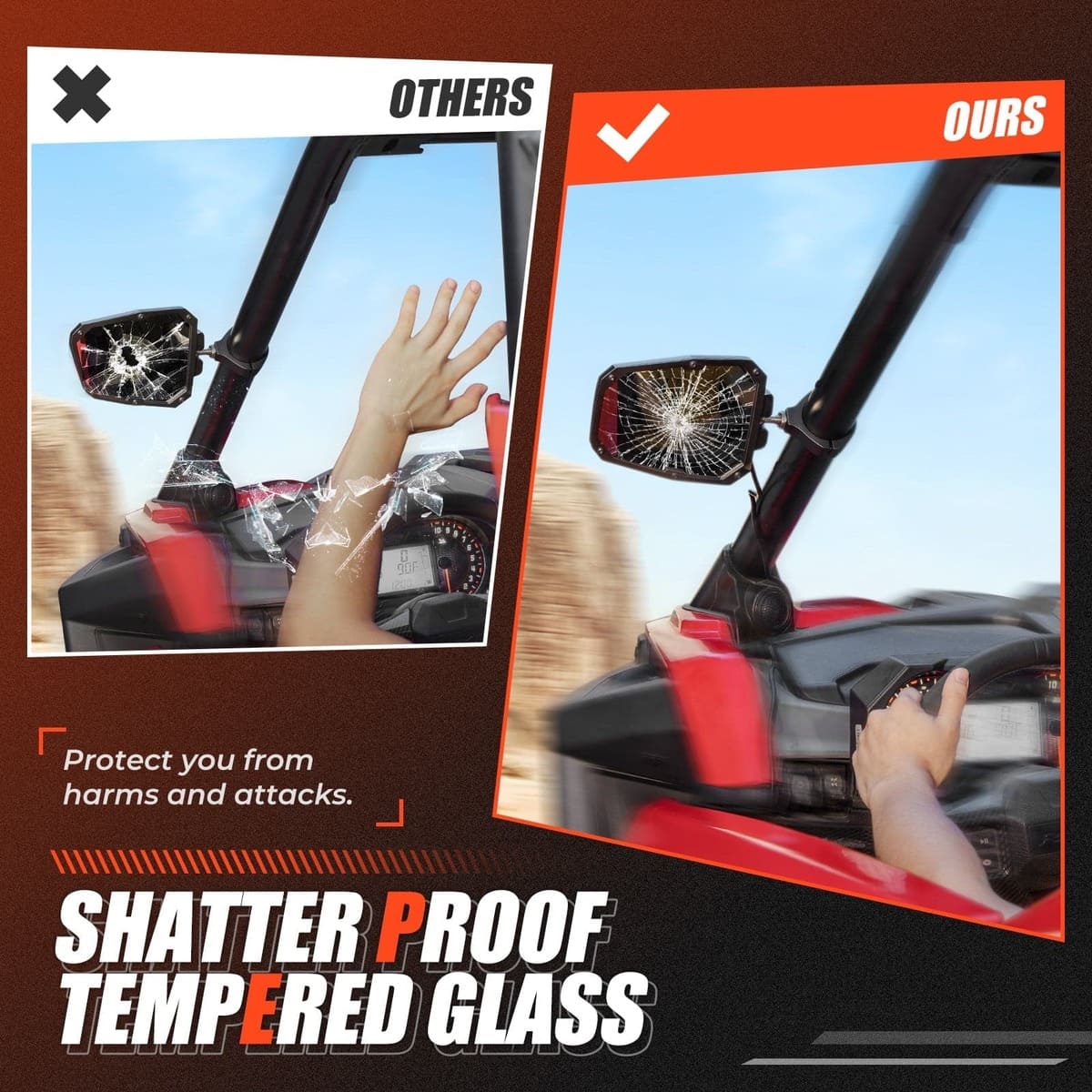 Kemimoto UTV 1.65"-2" Rear View Mirror & 1.75"-2" LED Side Mirror