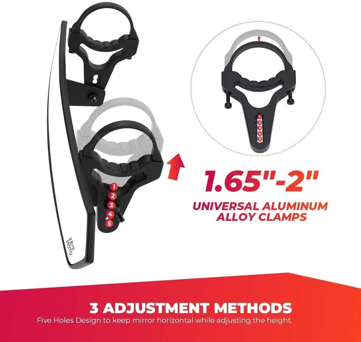 Kemimoto UTV 1.65"-2" Rear View Mirror & 1.75"-2" LED Side Mirror