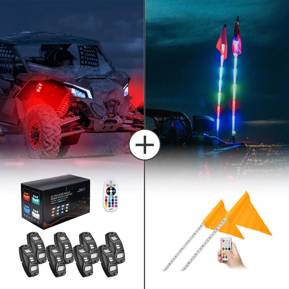 Kemimoto UTV 8 Pod Rock Light Kit & 5FT Whip Lights