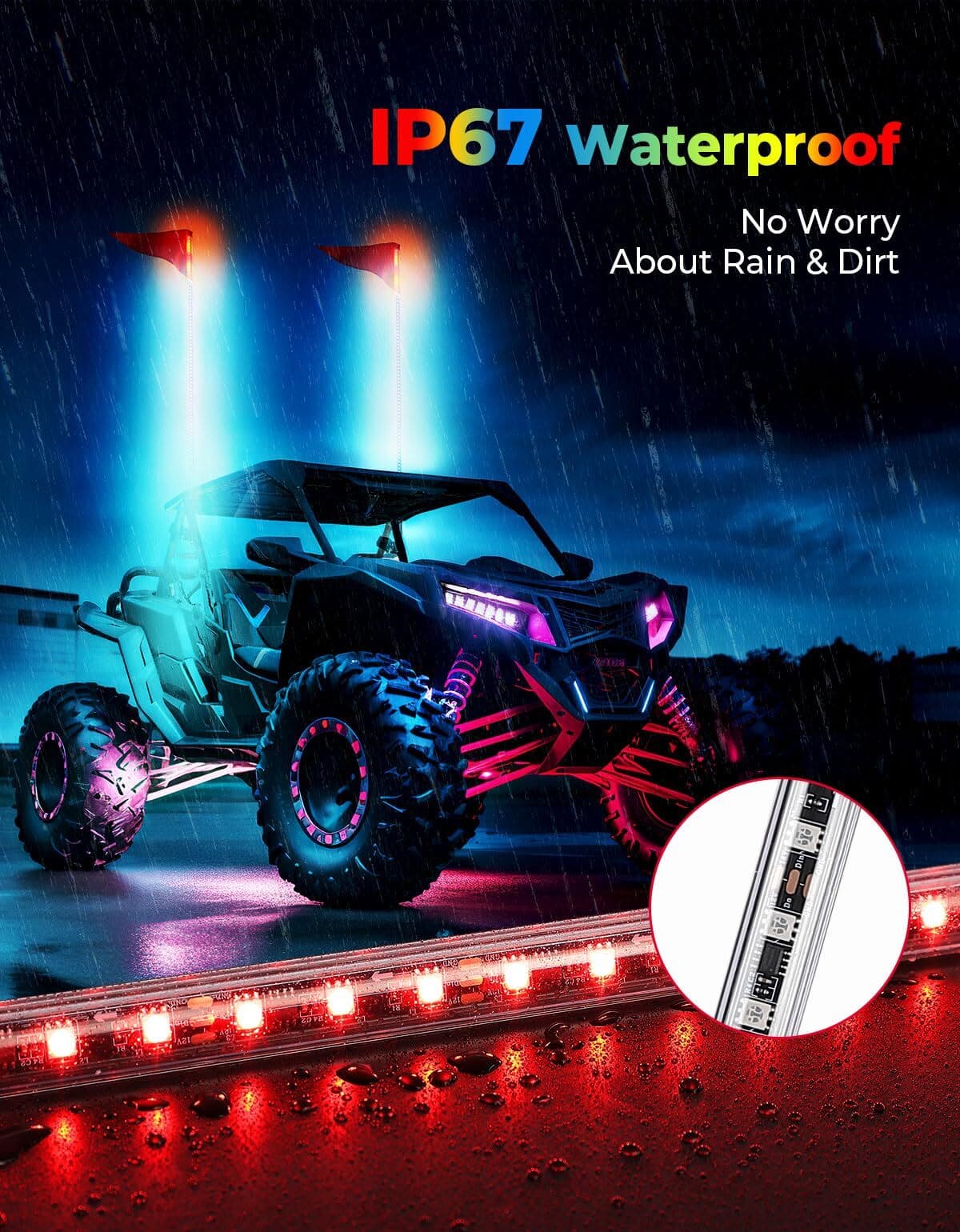Kemimoto UTV 8 Pod Rock Light Kit & 5FT Whip Lights