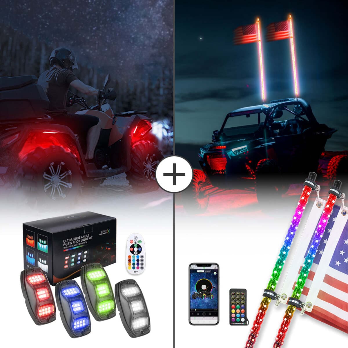 Kemimoto UTV / ATV 4-8 Pods RGB Rock Light Kit & Spiral Whip Lights