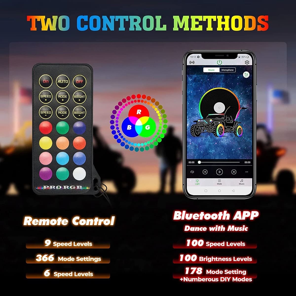 Kemimoto UTV / ATV 4-8 Pods RGB Rock Light Kit & Spiral Whip Lights