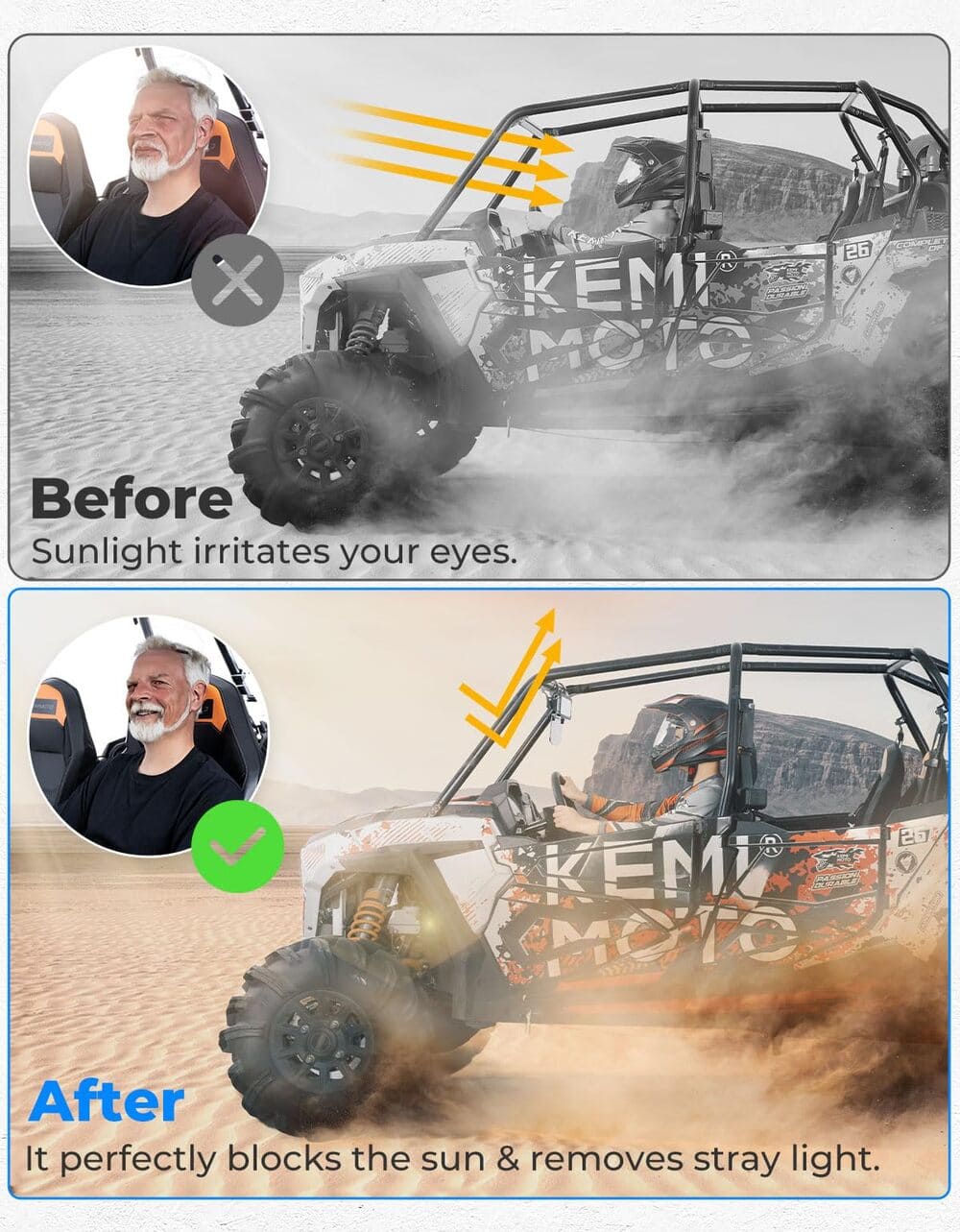 Kemimoto UTV Rear View Mirror with Sun Visor