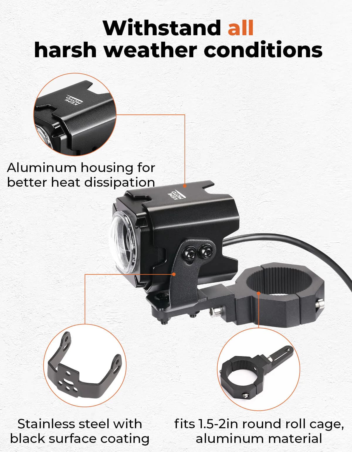 Kemimoto UTV Spot Beam Pod Lights w/ 1.5''-2'' Tube Clamp Kit