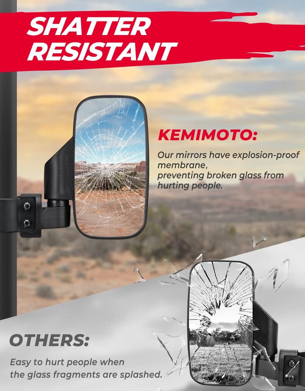 Kemimoto Yamaha Rhino UTV 1.75" - 2" Side View High Impact Convex Mirror