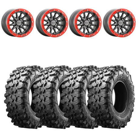 Raceline A14GR Gunmetal/Red Alpha 5-Lug Beadlock & Maxxis Carnivore Radial Wheel & Tire Kit