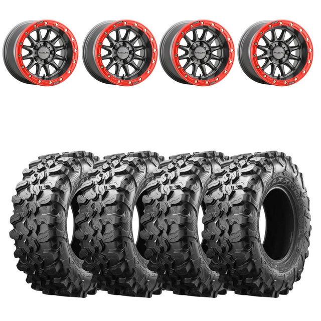 Raceline A14GR Gunmetal/Red Alpha 5-Lug Beadlock & Maxxis Carnivore Radial Wheel & Tire Kit