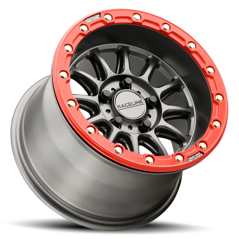 Raceline A14GR Gunmetal/Red Alpha 5-Lug Beadlock & Maxxis Carnivore Radial Wheel & Tire Kit