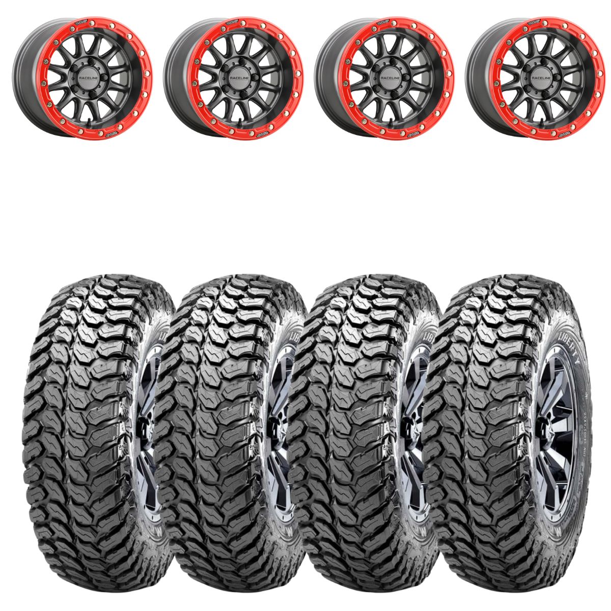 Raceline A14GR Gunmetal/Red Alpha 5 Lug Beadlock & Maxxis Liberty Performance Off Road Wheel & Tire Kit