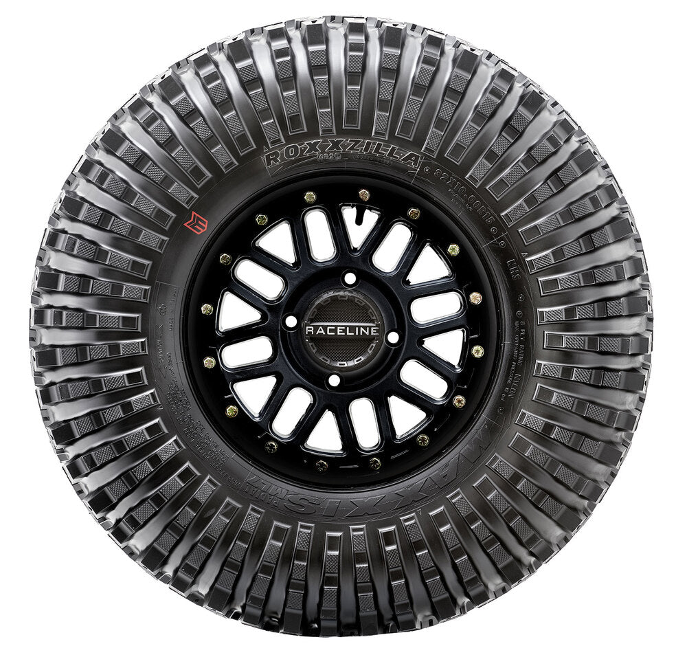 Raceline A14GR Gunmetal/Red Alpha 5 Lug Beadlock & Maxxis Roxxzilla Radial Wheel & Tire Kit