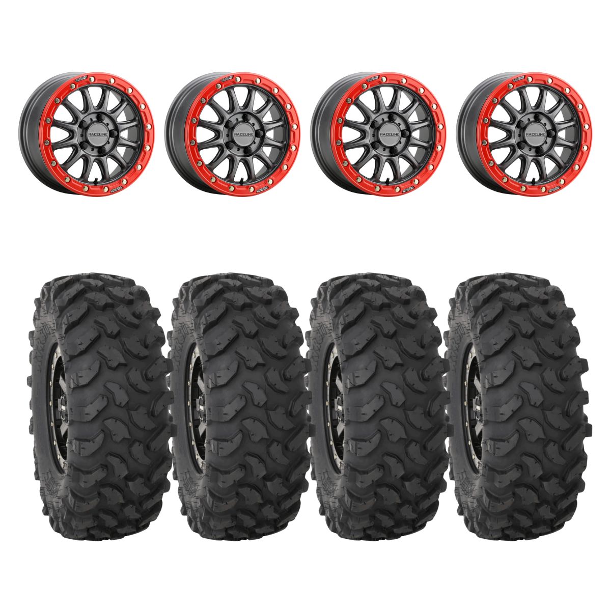 Raceline Gunmetal/Red A14GR Alpha BeadLock 5 Lug & System 3 XTR370 Offroad Wheel & Tire Kit