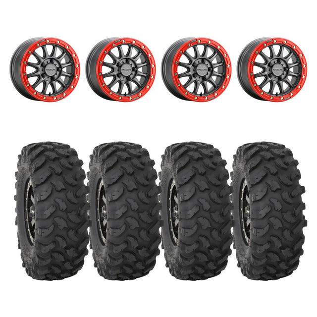 Raceline Gunmetal/Red A14GR Alpha BeadLock 5 Lug & System 3 XTR370 Offroad Wheel & Tire Kit