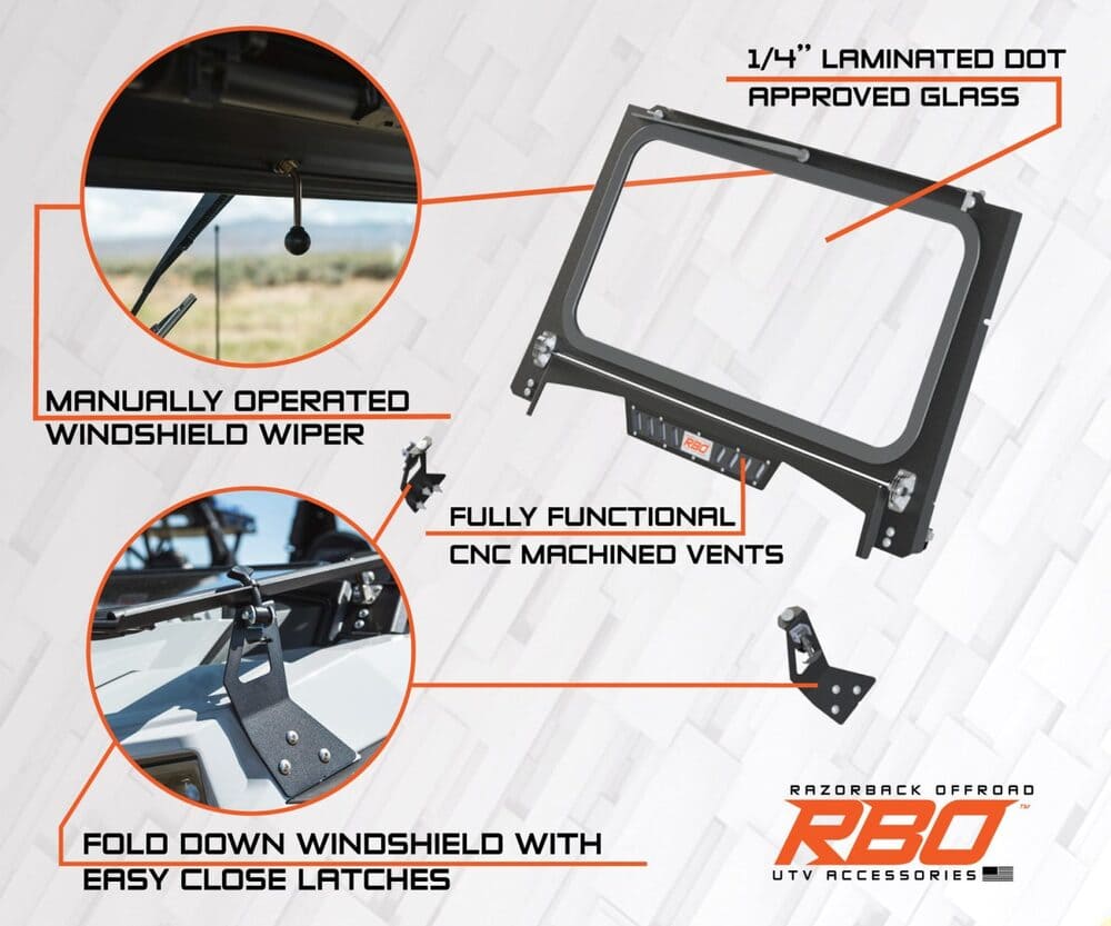 Razorback Offroad Polaris RZR Ultimate Trail Folding Glass Windshield