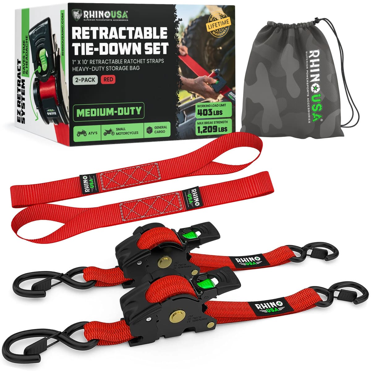 Rhino USA 1" x 10' Retractable Ratchet Straps