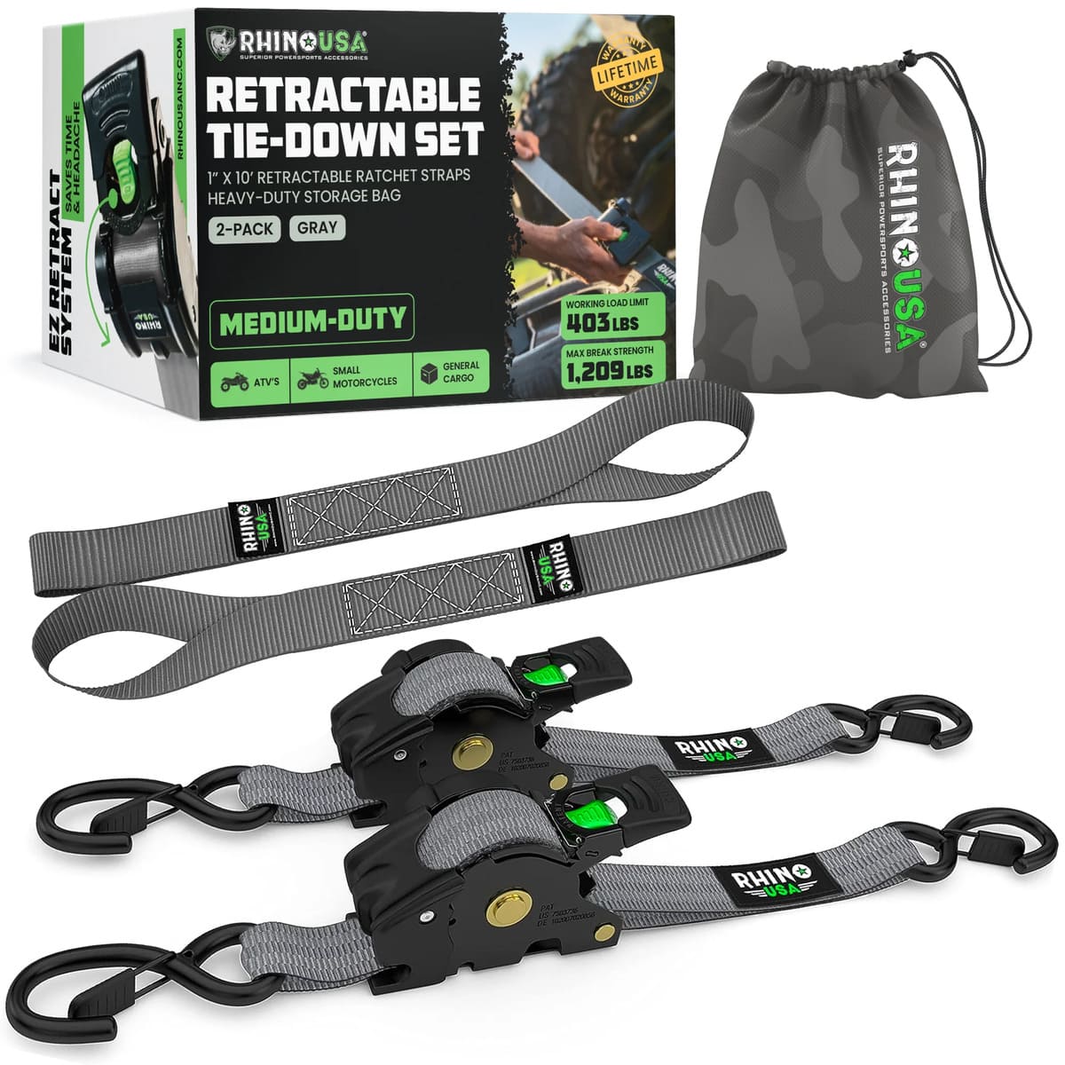 Rhino USA 1" x 10' Retractable Ratchet Straps