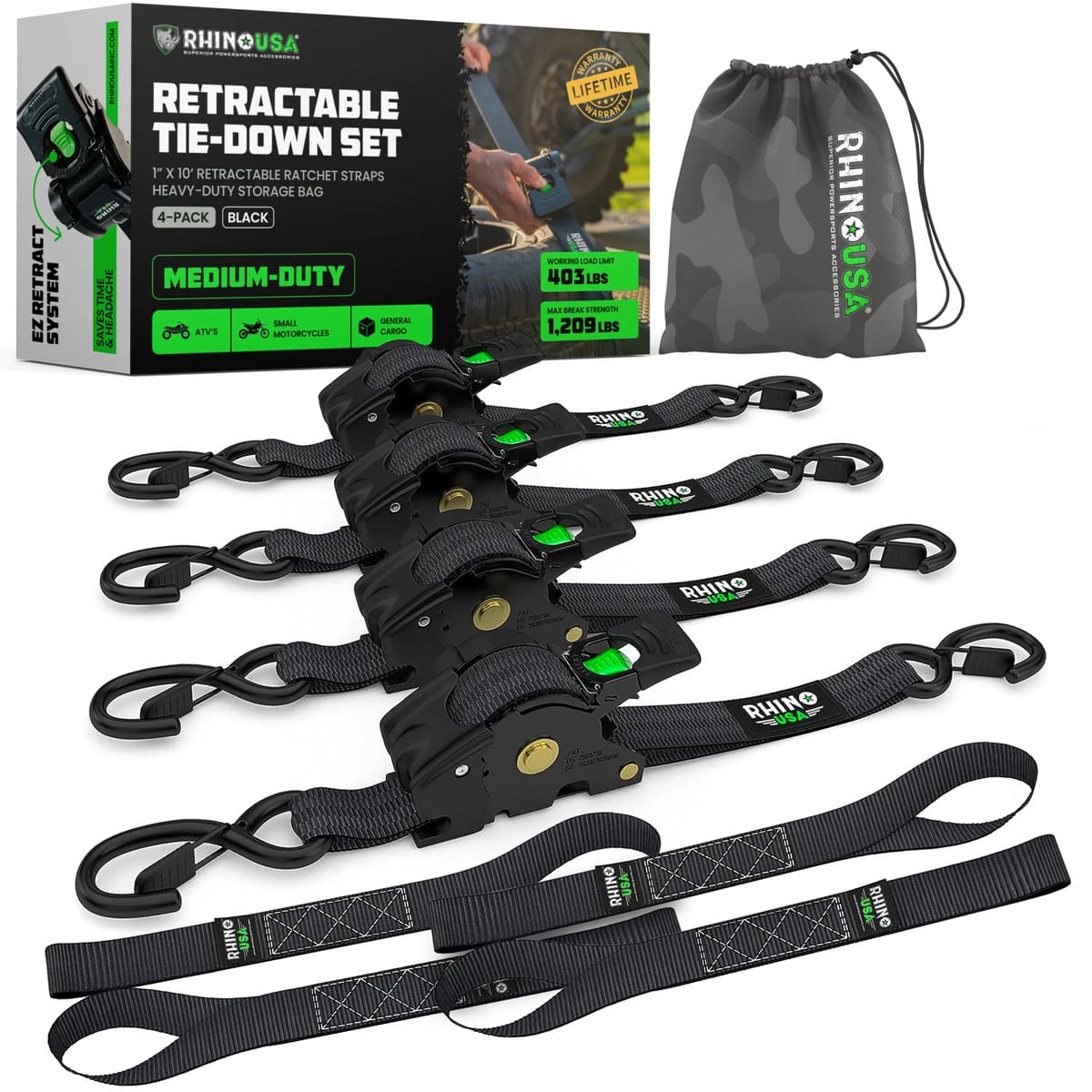 Rhino USA 1" x 10' Retractable Ratchet Straps