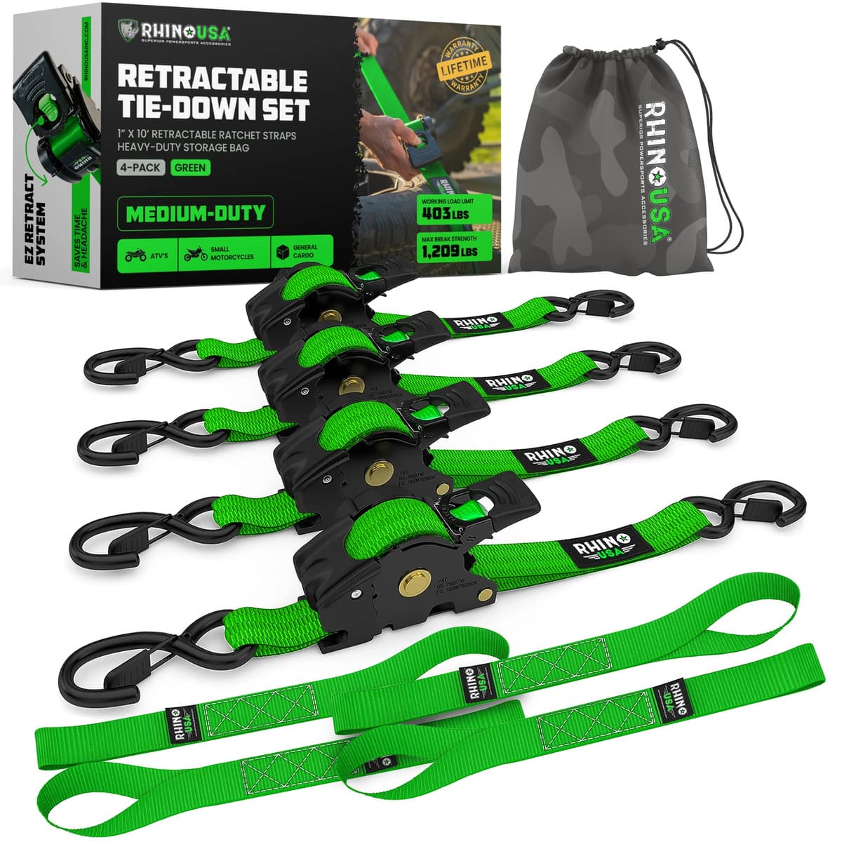 Rhino USA 1" x 10' Retractable Ratchet Straps
