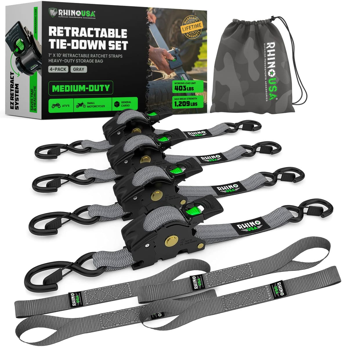 Rhino USA 1" x 10' Retractable Ratchet Straps