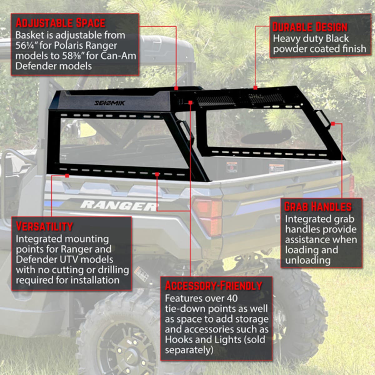 Seizmik Polaris Ranger & Can-Am Defender Half Height Bed Rack