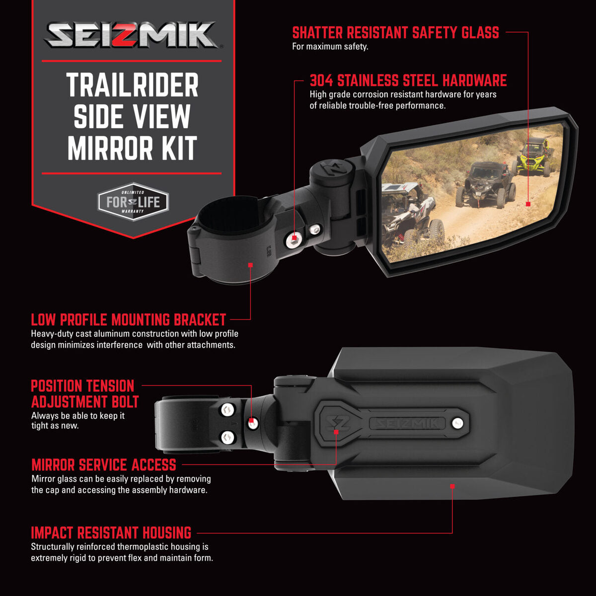 Seizmik Trail Rider Side View Mirror Clamp - 2 or 1.875 Inch Round Tube