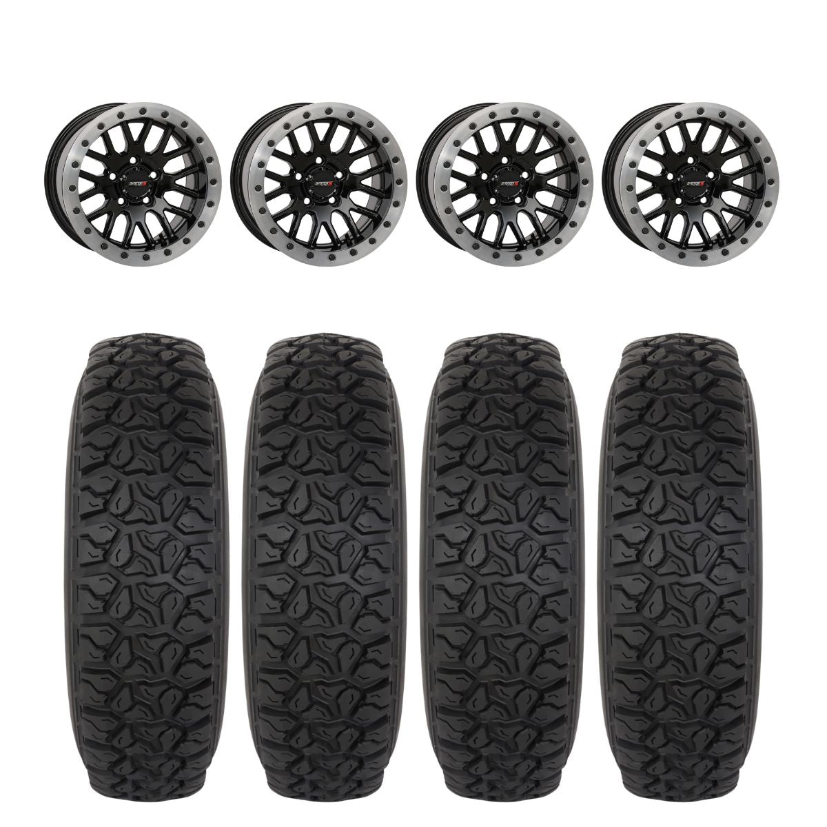 System 3 Gloss Black w/Matte Brushed Ring SB-9 Beadlock & System 3 DX440 Offroad Wheel & Tire Kit