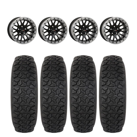 System 3 Gloss Black w/Matte Brushed Ring SB-9 Beadlock & System 3 DX440 Offroad Wheel & Tire Kit